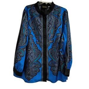 Bob Mackie Wearable Art Long Sleeve blouse top black royal blue paisley Size 2X